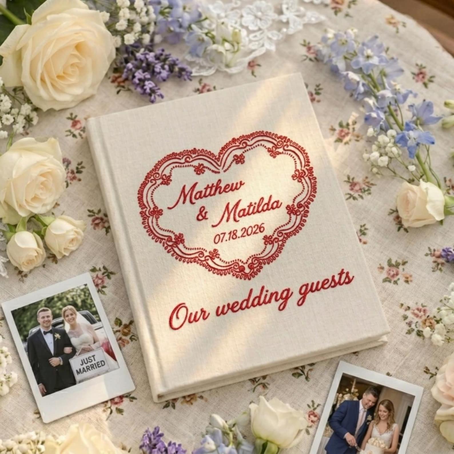 Custom Embroidered Love Heart Wedding Guest Book, Personalized Linen Custom Embroidered Love Heart Wedding Guest Book, Personalized Linen