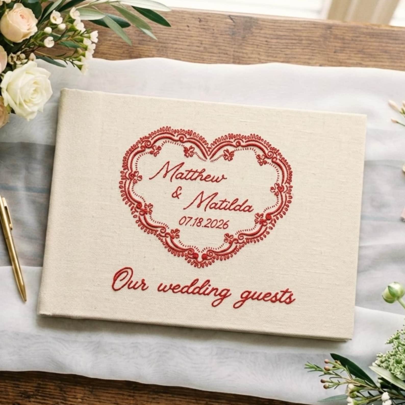 Custom Embroidered Love Heart Wedding Guest Book, Personalized Linen Custom Embroidered Love Heart Wedding Guest Book, Personalized Linen