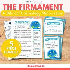 Puede incluir: Un paquete educativo imprimible titulado The Firmament, A Biblical Cosmology Mini-Lesson. Incluye un documento de varias páginas con texto, ilustraciones del cielo y preguntas de estudio, junto con un montón de tarjetas con borde azul.