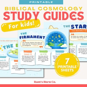May include: A set of seven printable Biblical cosmology study guides for kids featuring colorful illustrations of the firmament, stars, and earth. Each sheet includes scripture verses, bold headings, and educational text about creation.