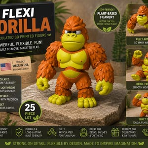 May include: An articulated 3D printed gorilla figure with orange fur and a yellow chest, face, hands, and feet. The figure is displayed with text including Flexi Gorilla, 25 piece lot, and Proudly Made in USA, showcasing its poseable design.