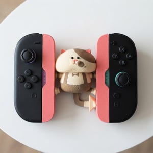 Puede incluir: Un accesorio de mando de juego con dos agarres laterales negros y rosa coral, conectados por una figura central de gato en color crema y marrón que lleva un peto marrón y una pajarita. Los agarres incluyen botones y joysticks estándar.