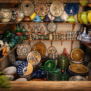 Puede incluir: Una colección de cerámica que incluye platos, cuencos y tajines de diversos colores y patrones expuestos en estantes de madera. Un pequeño letrero de madera en la esquina inferior derecha muestra el texto "HANDMADE WITH LOVE" con un corazón.