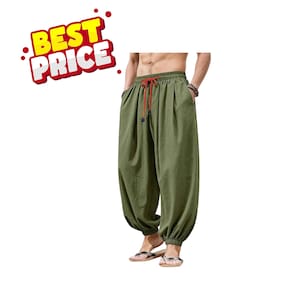 May include: Olive green harem pants with a red drawstring. The pants have a relaxed fit and are gathered at the ankles. The image also includes the text "BEST PRICE" in a red and yellow design.