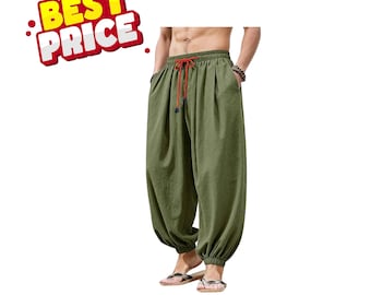 Herren Baumwolle Leinen Baggy Haremshose Elastische Taille Lockere Freizeithose mit weitem Bein