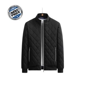 May include: A black quilted jacket with a stand-up collar, a full-length front zipper, and two side pockets with silver zippers. The jacket features a diamond-patterned stitch design and is displayed on a hanger. A circular badge reads BEST PRICE.