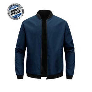 May include: A navy blue bomber jacket featuring a black ribbed collar, black ribbed cuffs, and a black ribbed hem. The jacket has a central front zipper closure and a circular silver badge in the upper left corner with the text BEST PRICE.