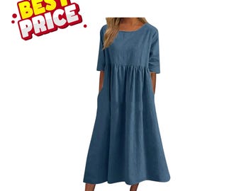 Vestido midi holgado de algodón y lino con bolsillos, mangas cortas y cuello redondo informal.