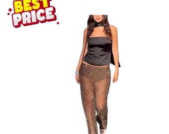 Pantaloni larghi da donna con paillettes e perline, gamba larga, trasparenti, casual