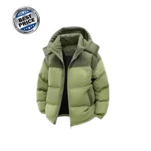 May include: A two-tone olive and light green puffer jacket with a hood, a full-length front zipper, and long sleeves. The jacket features a quilted design and a circular badge in the upper corner with the text BEST PRICE.