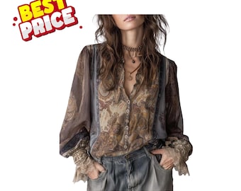 Retro paisley boho lös blus för kvinnor v-ringad casual strand långärmad knapptopp