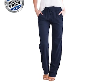 Women Cotton Linen Drawstring Pants Loose Straight Leg Casual Trousers Elastic Waist Everyday Fashion Wear