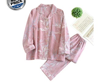 Damen-Baumwollpyjama-Set mit Blumenmuster, langärmelig, Loungewear, weicher Homewear-Schlafanzug, zweiteiliges Outfit