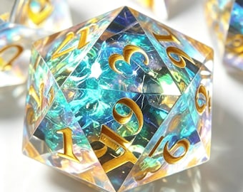 Prism Crystal Shimmer-dobbelstenenset, scherpe rand polyedrische DND RPG-dobbelstenen, gouden cijfers (7-delig)
