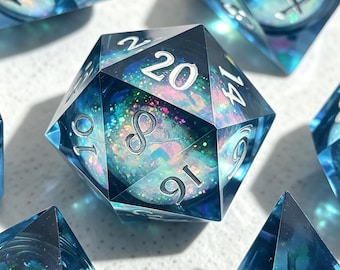 Teal Iridescent Liquid Core Dice Set, Sharp Edge Resin DND, Ocean Galaxy Polyhedral RPG Dice