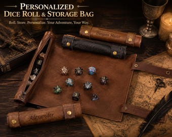Gepersonaliseerde leren dobbelzak, handgemaakte opbergtas voor rollenspellen.
