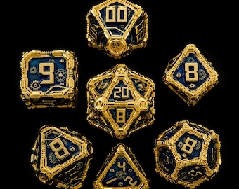 Steampunk metalen veelhoekige dobbelstenenset, blauw en goud, voor D&D RPG-spellen.