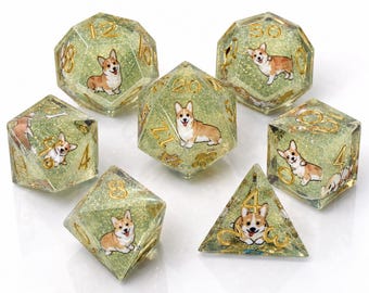 Corgi harsdobbelstenenset, glitter polyhedrale RPG-dobbelstenen, cadeau voor hondenliefhebbers