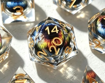 Dragon Eye-dobbelstenen van hars, polyedrische RPG-dobbelstenen met vloeibare kern, 7-delig DnD-accessoire