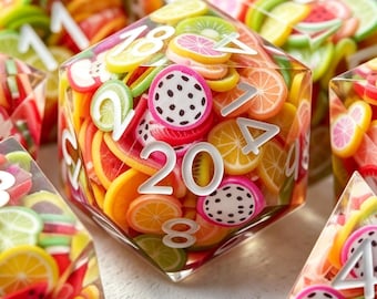 Harsdobbelstenen fruitsalade, veelvlak met scherpe rand, RPG-dobbelstenen met voedselthema