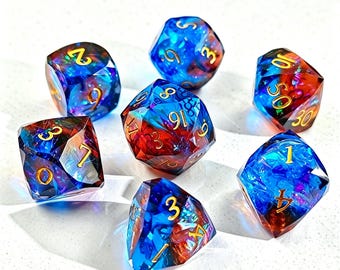 Dragon’s Breath Iridescent Resin Dice Set, Blue Red Fantasy TTRPG DnD Polyhedral Dice
