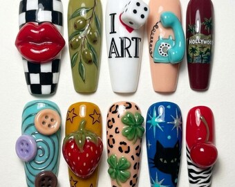 Summer Press On Nails Retro Vintage Nails Art Lips Phone Dice Strawberry Cute 3D Handmade Nails Kawaii Custom Fake Glue On Nails