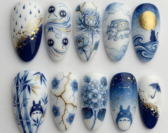 Studio Ghibli Press On Nails Totoro Handmade Nails Custom Fake Glue On Nails Catbus Soot Sprite Gold Foil Kintsugi Floral Blue And White