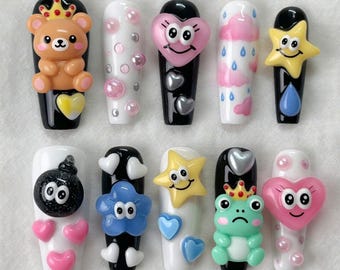 Summer Press On Nails Cute 3D Handmade Nails Custom Fake Glue On Nails Kawaii Bear Frog Star Heart Rain Cloud Bubble Bomb Takashi Murakami
