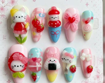 Kawaii Bunny Onigiri Press on Nails Handmade 3D Strawberry Nails Cute Food Picnic False Nails High Quality Luxury Hand painted Nail Art Set
