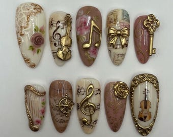 Summer Press On Nails Vintage Music Nails Violin Harp Key Rose Bow Cute 3D Handmade Nails Gold Luxury Classical Custom Fake Glue On Nails
