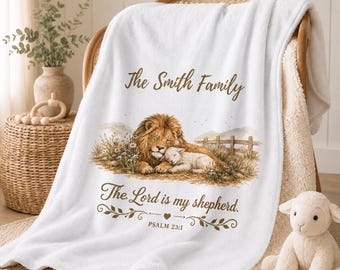 Personalized Christian Sherpa Fleece Blanket, Psalm 23 Lion and Lamb Throw Blanket, Family Name Gift, Christian Throw Blanket, Grandma gift
