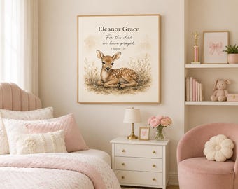 Personalized Deer Nursery Wall Art Printable, For This Child We Have Prayed, Christian Baby Girl Nursery Decor, Woodland Scripture Print