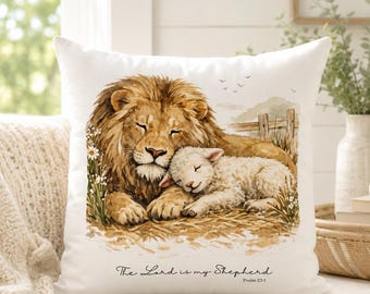 Lion and the Lamb Throw Pillow | The Lord is My Shepherd | Farmhouse Decor | Accent Pillow