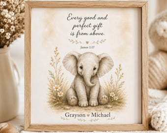 Personalized Elephant Nursery Wall Art Printable, Christian Nursery Decor, Watercolor Elephant Nursery, Scripture Wall Art