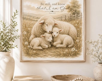 Be Still and Know Printable Wall Art, Psalm 46:10 Lamb Nursery Decor, Neutral Christian Farmhouse Digital Download