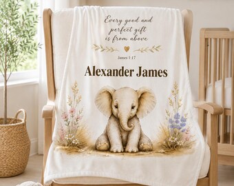 Personalized Christian Baby Blanket | Custom Baby Name Blanket | Elephant Nursery Blanket | James 1:17 Baby Gift | Neutral Baby Shower Gift