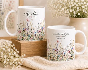 Personalized Wildflower Mug, Consider the Lilies Mug, Matthew 6:28 Gift, Christian Floral Coffee Mug, Custom Name Mug