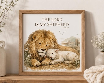 Personalized Lion and Lamb Wall Art | Psalm 23 Christian Home Decor | Family Name Sign | Living Room Wall Art | Scripture Decor