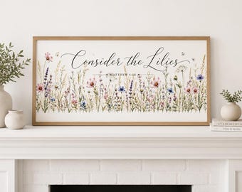Consider the Lilies Wall Art, Matthew 6:28 Scripture Print, Christian Botanical Decor, Panoramic Wildflower Wall Art, Faith Home Decor