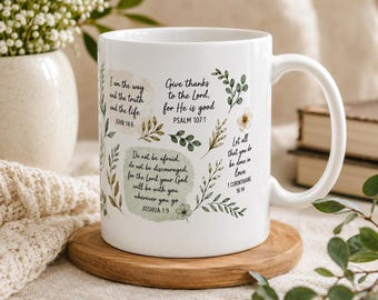 Botanical Bible Verse Mug | Christian Coffee Cup | Watercolor Floral Scripture Faith Mug