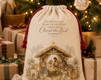Krippensack | Christliche Weihnachtsgeschenk-Tasche | Lukas 2:11 Kordel Geschenksack | Aquarell Krippe | Wiederverwendbare Urlaubstasche