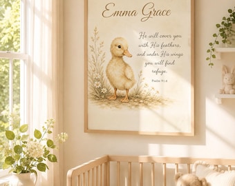 Personalized Duck Nursery Wall Art Printable | Psalm 91:4 Baby Girl Nursery Decor | Watercolor Duckling Print | Christian Baby Name Art