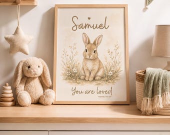 Christian Bunny Nursery Wall Art Printable | Inspired by 1 John 4:19 | You Are Loved Digital Download | Neutral Baby Room Decor