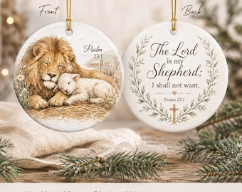 Lion and Lamb Psalm 23 Ornament, Christian Ceramic Christmas Decor, Shepherd Gift