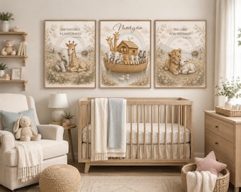 Personalized Noah's Ark Nursery Art | Watercolor Animals, Scripture Prints (Digital Download)