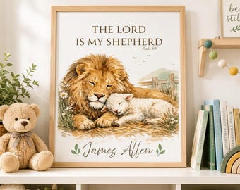Personalized Lion and Lamb Nursery Wall Art | Psalm 23 Nursery Decor | Christian Baby Name Print | Boy Girl Room Decor