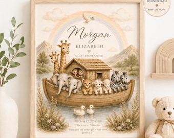 Noah’s Ark Personalized Nursery Print | Christian Baby Name Wall Art | Neutral Nursery Decor | Watercolor Animal Printable