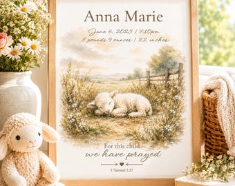 Personalized Baby Birth Announcement Print | Christian Nursery Wall Art | Lamb Birth Stats Keepsake | Printable Newborn Gift Decor