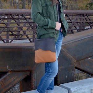 Espresso Brown and Camel Brown Leather Side Bag, Raw Edge Leather Cross Body Purse