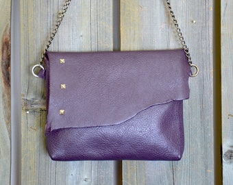 Purple Raw Edge Leather Side Bag with Pyramid Spike Design/Purple Leather Crossbody Bag/ Purple Raw Edge Purse/Purple Leather Purse
